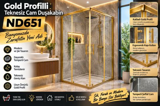 Gold profilli teknesiz cam duşakabin ND651 ile banyonuza modern ve şık bir görünüm kazandırın. Ürün özelliklerini ve ölçü seçeneklerini şimdi inceleyin. 
